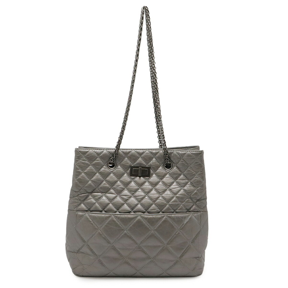 CHANEL 2.55 Matelassé Chain Shoulder Bag Tote Leather Silver